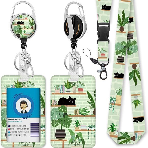 Cute Cat Lanyard with Id Holder, Plant ID Badge Holder with Retractable Lanyard, - Picture 1 of 6